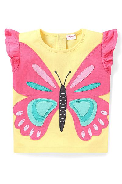 Babyhug Single Jersey Knit Frill Sleeves Top & Denim Shorts Set with Butterfly Patch - Yellow & Blue