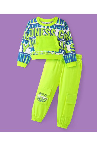 Ollington St. Ollington St. 100% Cotton Knit Full Sleeves Sweatshirt & Loose Fit Joggers Set Text  - Green & Blue