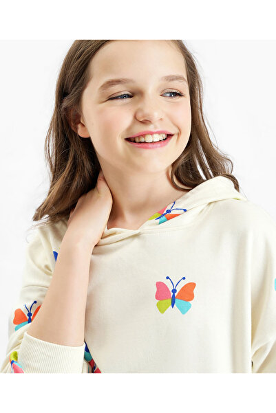 Primo Gino - Girls Cotton Full Sleeves All Over Printed Hoodie With Leggings Set - Ivory