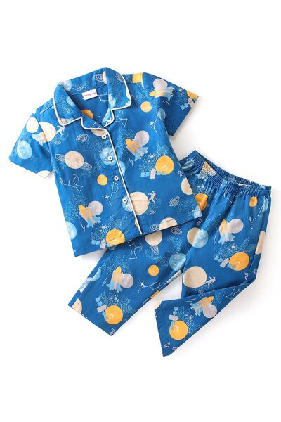 Babyhug Cotton Woven Half Sleeves Night Suit/Co-ord Set Astronaut Print - Blue