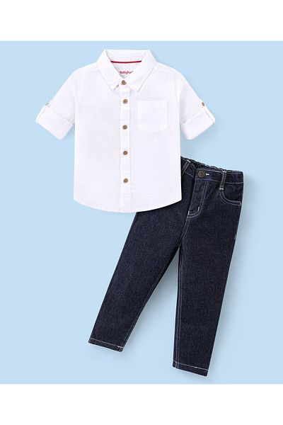 Babyhug Cotton Woven Full Sleeves Solid Color Shirt & Denim Jeans Set - White