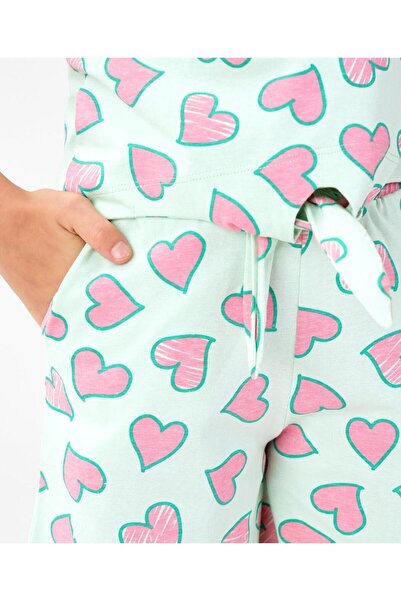 Primo Gino 100% Cotton Knit Sleeveless Top & Shorts/Co-ord Set Heart Print - Mint Green