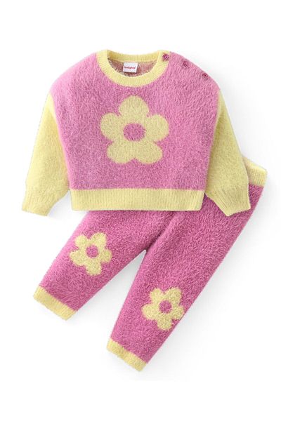 Babyhug Knitted Full Sleeves Winter Wear Co-ord Set With Floral Print - Pink