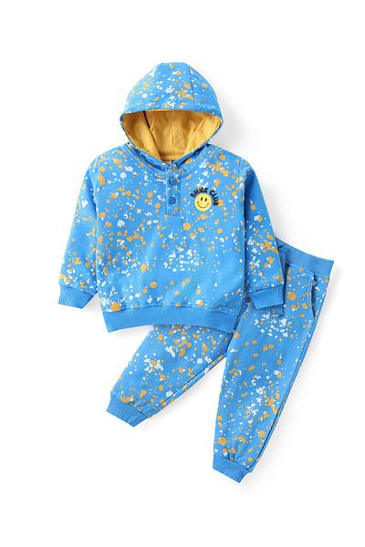 Babyhug Cotton Knit Full Sleeves ed Hoodie & Lounge Pants/Co-ord Set Colour Splash - Blue
