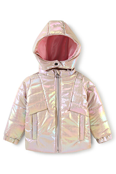 Bonfino Full Sleeve Hooded Puffer Jacket with Holographic Effect Print - Pink