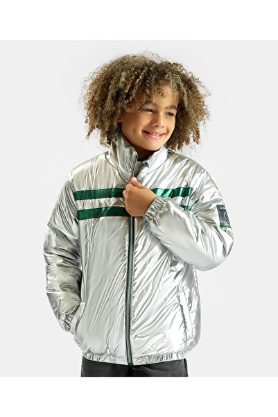 Primo Gino Full Sleeves Striped Metallic Puffer Jacket - Silver