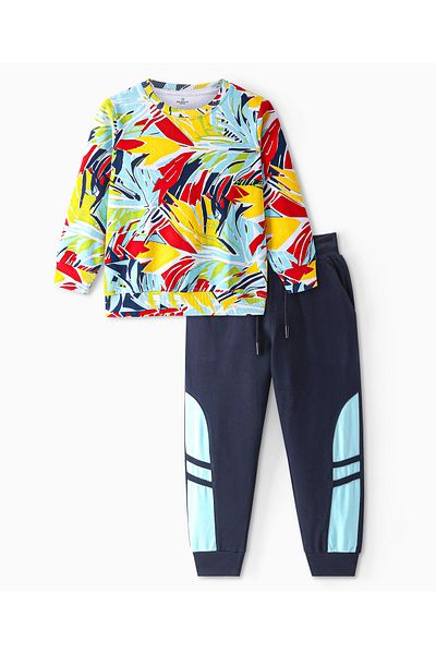 Ollington St. Ollington St.-100% Cotton Knit Full Sleeves Sweatshirt & Joggers Set With Tropical Print-Multicolor