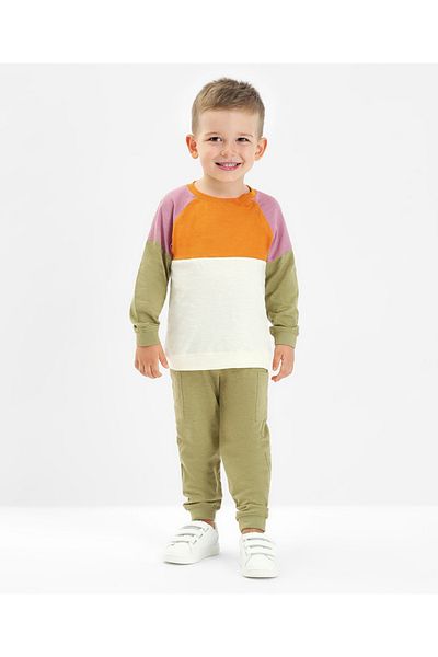 Bonfino Boys 100% Cotton Full Sleeve Colour Block T-Shirt & Cargo Jogger Set - Multicolor
