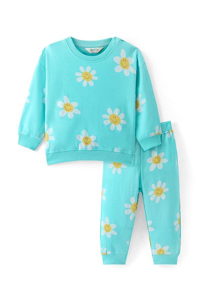 Bonfino 100% Cotton French Terry Knit Full Drop Shoulder Sleeves Sweatshirt & Pant Floral Print-Blue