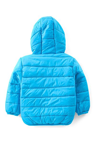 Babyhug - Woven Full Sleeves Hooded Padded Jacket with Dino Applique - Blue