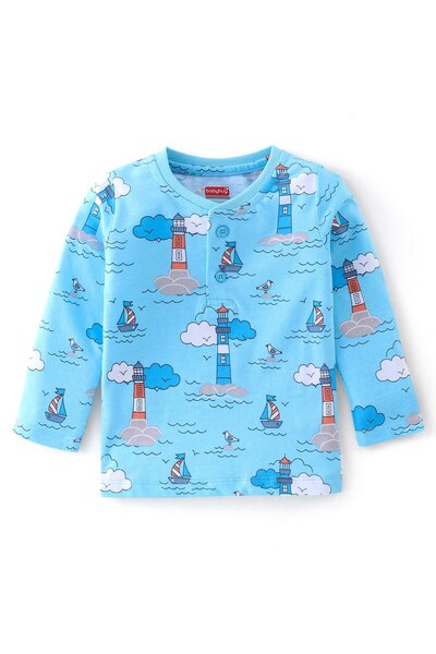 Babyhug Babyhug Cotton Knit Full Sleeves Light House Graphics T-Shirt - Blue