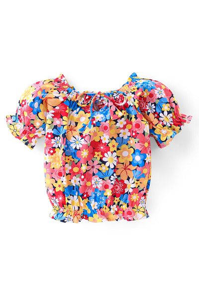 Babyhug 100% Cotton Knit Half Sleeves Top & Shorts With Floral Print - Yellow & Blue