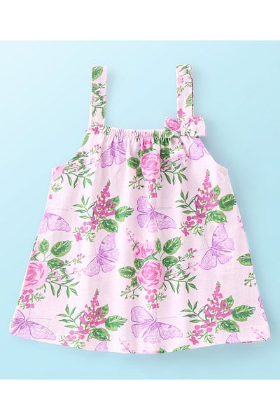 Babyhug 100% Cotton Knit Singlet Sleeves Top & Skirt Set Floral Print - Pink