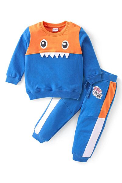 Babyhug Terry Knit Full Sleeves T-Shirt and Cut & Sew Design Lounge Pant Set Monster - Blue & Orange