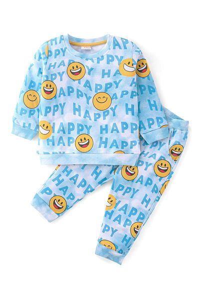 Babyhug 100% Cotton Knit Full Sleeves All Over Printed T-Shirt & Lounge Pants/Co-ord Set - Blue
