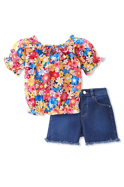 Babyhug 100% Cotton Knit Half Sleeves Top & Shorts With Floral Print - Yellow & Blue