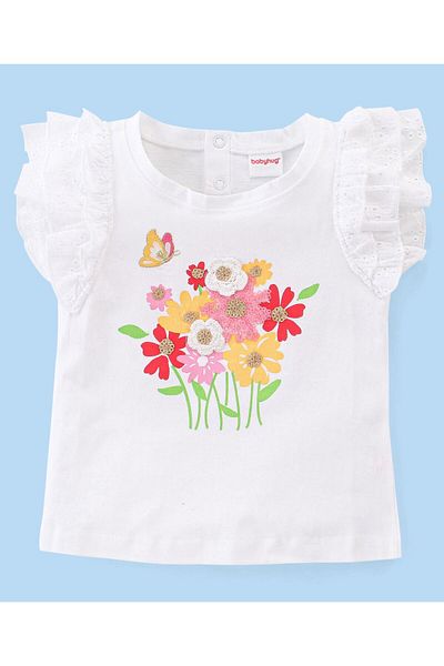 Babyhug 100% Cotton Knit Frill Sleeves Floral Print Top & Skirt Set - White & Red