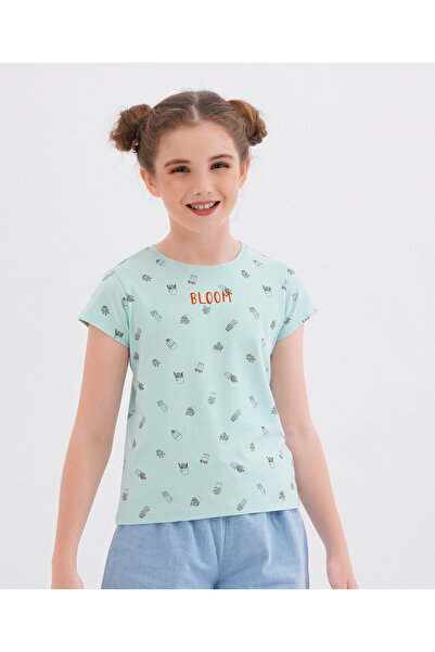 Primo Gino تي شيرت بأكمام نصفية بطبعة صبار مع نص مزهر - أزرق