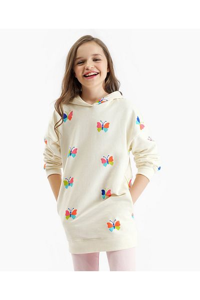 Primo Gino - Girls Cotton Full Sleeves All Over Printed Hoodie With Leggings Set - Ivory