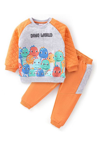Babyhug Terry Cotton Knit Full Sleeves T-Shirt & Lounge Pant Set Dino Print - Orange