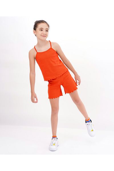 Primo Gino Cotton Elastane Sleeveless Top & Shorts/Co-ord Set With Lettuce Hem Finish - Burnt Orange