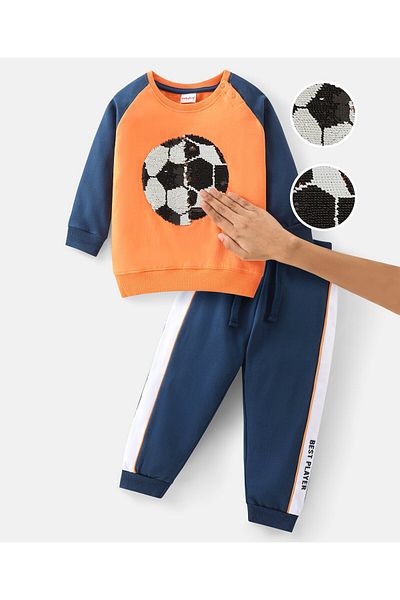 Babyhug Cotton Knit Full Sleeves T-Shirt & Lounge Pants Set Reversible Sequin Football- Multicolor