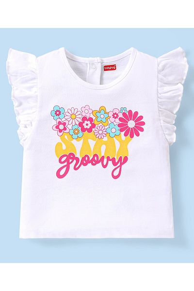 Babyhug Single Jersey Knit Frill Sleeves Top & Bow Applique Skirt Set Floral  - White & Pink