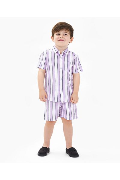Bonfino 100% Viscose Half Sleeves Shirt & Shorts Set Striped - Lilac