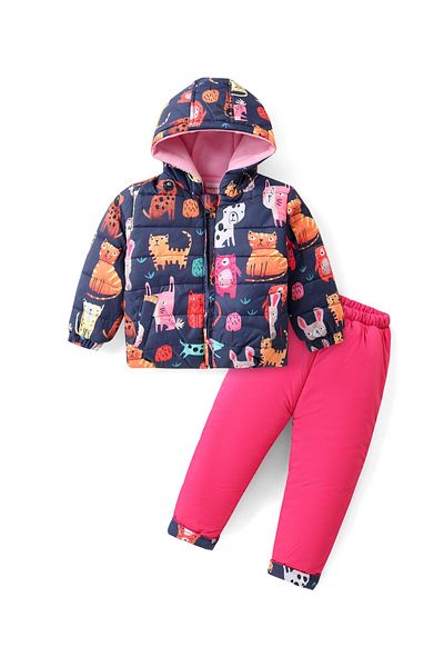 Babyhug Woven Full Sleeves Hooded Puffer Winter Wear Suit With Animals Print - Navy
