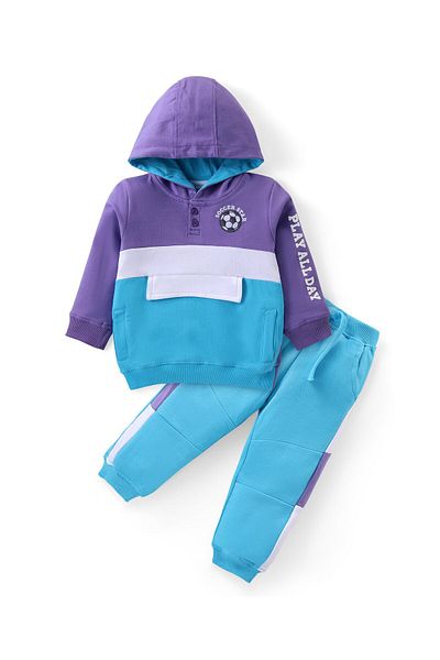 Babyhug Cotton Knit  Full Sleeves Soccer Stars Printed Hooded Top & Pants Set - Multicolor