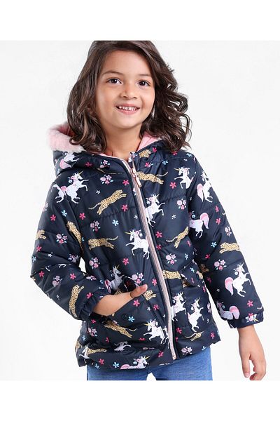 Babyhug Full Sleeves Hooded Fashion Winter Jacket Tiger Print - Blue