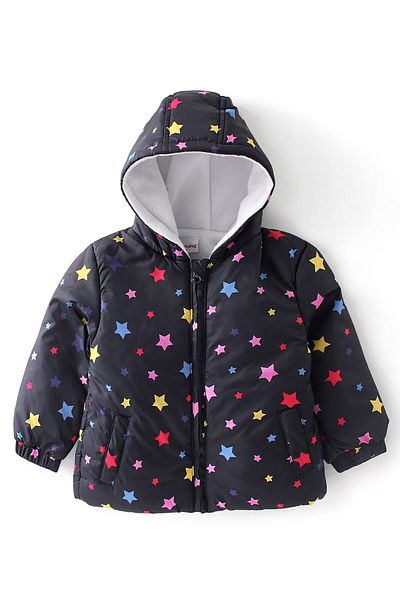 Babyhug Woven Full Sleeves Hooded Puffer Winter Wear Suit With Stars Print - Navy