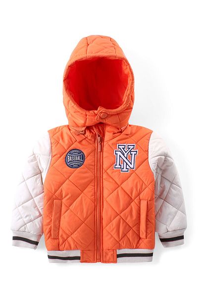 Babyhug Woven Full Sleeves Padded Hooded Jacket With Text Detailing - Orange