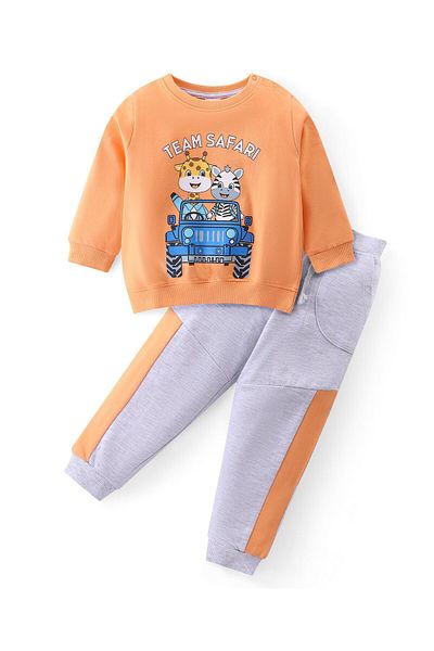 Babyhug Cotton Knit Full Sleeves T-Shirt & Lounge Pants Set With Animals Safari Print - Orange