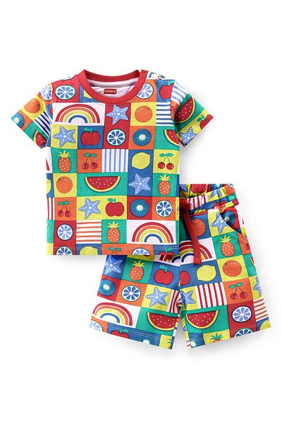 Babyhug Cotton Knit Half Sleeves T-Shirt & Shorts/Co-ord Set Fruity Print - Multicolour