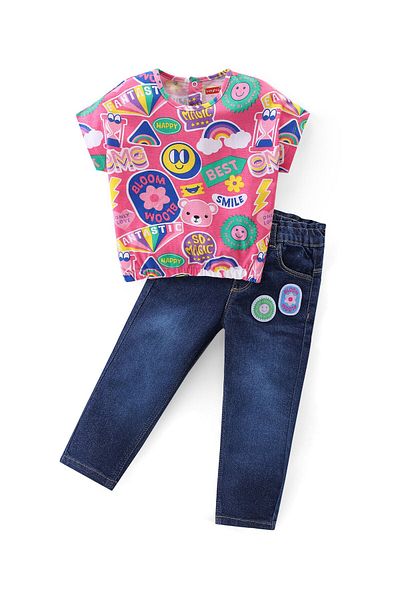 Babyhug Cotton Knit Half Sleeves Text Printed Top & Denim Jeans Set - Multicolor