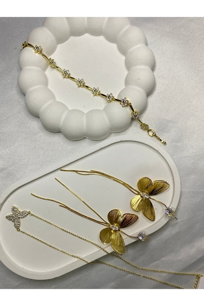 Home Altın Renkli Zarif Takı Seti: Çiçek Desenli Bileklik, Kelebek Küpe ve Kolye Ucu