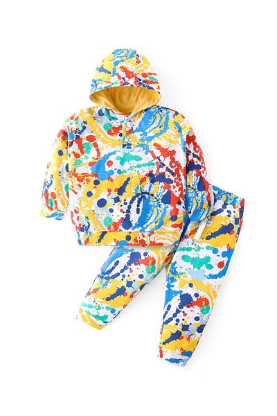 Babyhug - Cotton Knit Full Sleeves Hooded T-Shirt & Lounge Pants Set Color Splash Print - Multicolor