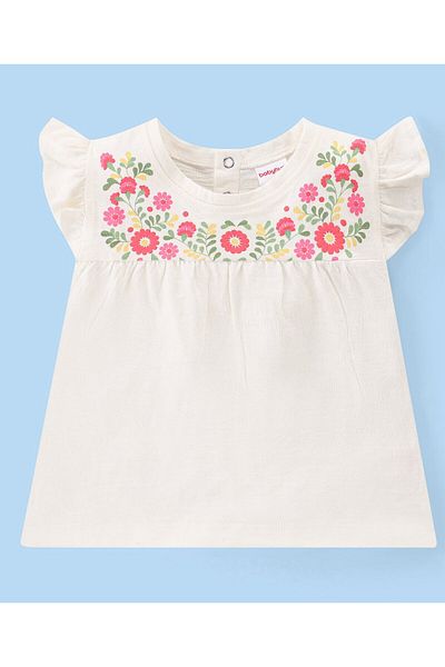 Babyhug Cotton Knit Half Sleeves Floral Print Top & Skirt Set - White & Pink