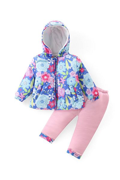 Babyhug Woven  Full Sleeves Hooded Puffer Winter Wear Suit With Floral Print - Multicolor