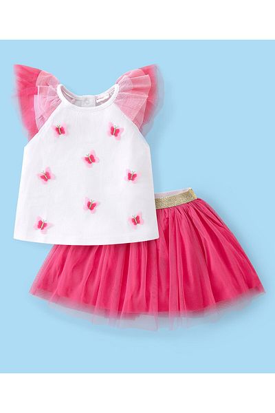 Babyhug Cotton Knit Frill Sleeves Top & Skirt Set With Mesh & Butterfly Embroidery - White & Pink