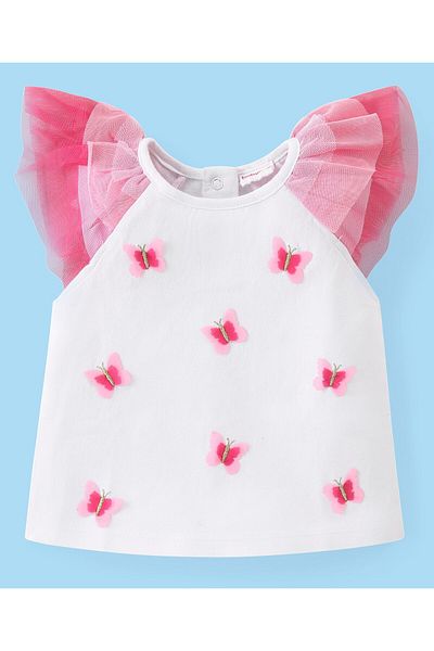 Babyhug Cotton Knit Frill Sleeves Top & Skirt Set With Mesh & Butterfly Embroidery - White & Pink