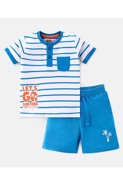 Babyhug 100% Cotton Knit Single Jersey Half Sleeves T-Shirt & Shorts Text  & Striped - White & Blue