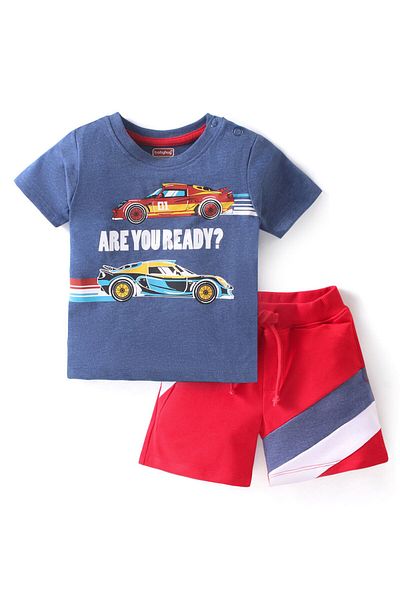 Babyhug Single Jersey Knit Half Sleeves T-Shirt & Shorts Set With Car Print - Blue & Red