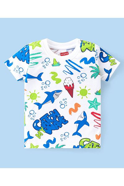Babyhug Cotton Knit Half Sleeves T-Shirt & Denim Shorts Set With Shark Print - White & Blue