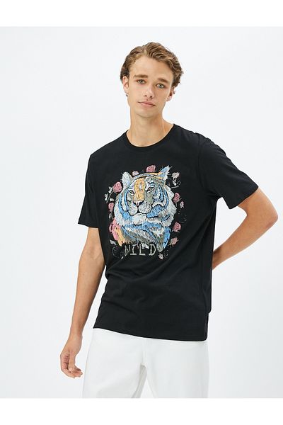 Koton Tiger Printed T-Shirt with Slogan Crew Neck Short Sleeve
