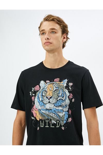 Koton Tiger Printed T-Shirt with Slogan Crew Neck Short Sleeve