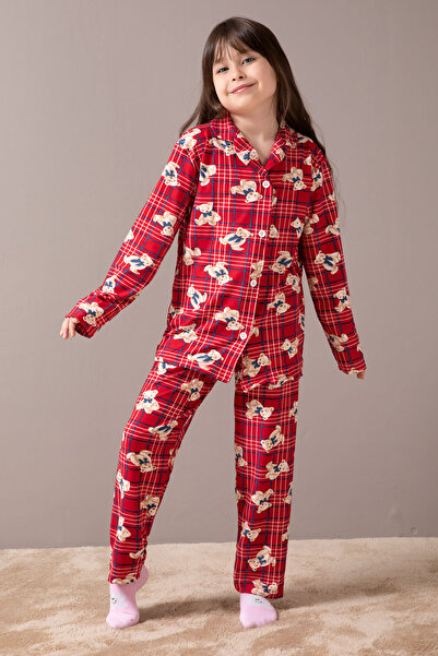 Cansın Mini Kırmızı Ayıcıklı Ekose Desen Kız Çocuk Düğmeli Pijama Takımı 19855