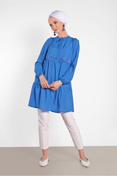 TRENDTESETTÜR Women's Navy Blue (SAKS) Tassel Detailed Tunic 4470