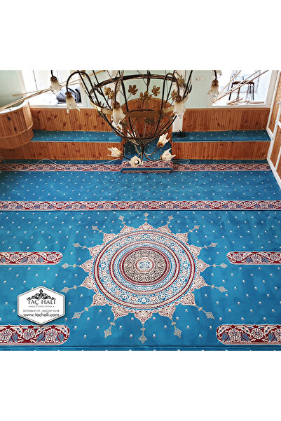 Bastığınız Yere Attığımız İmza Olan Taç Halı Dokuma Akrilik Turkuaz Göbekli 3000 Gr. Cami Halısı